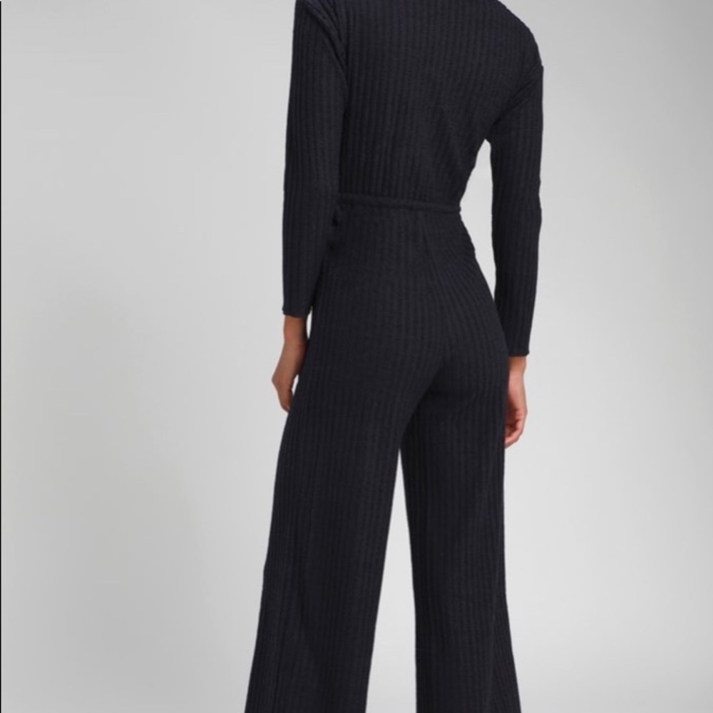 Saylor Navy Blue Ribbed Knit Long Sleeve Jumpsuit - Picture 2 of 8